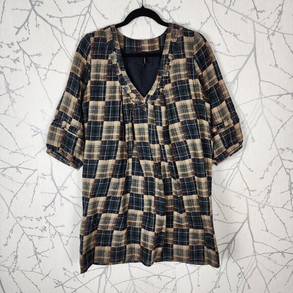 Naf Naf Beige Plaid Cotton Pleated Front V-Neck Tunic Dress - Picture 7 of 9